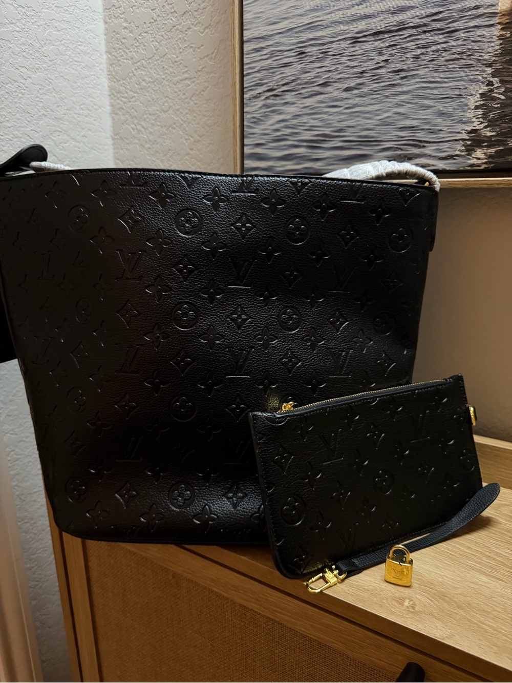 Designer Inspired Embossed Black Tote with Matching Pouch